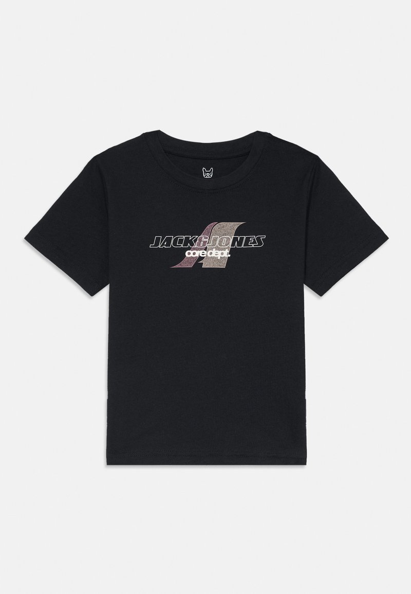 Μαύρο βαμβακερό μπλουζάκι με το λογότυπο "JACK&JONES" σε μεταλλικό ασημί και ροζ γράμματα με καμπύλες λεπτομέρειες μπροστά. Κοντά μανίκια.