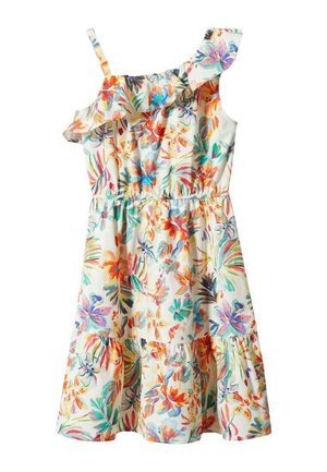 Robe à imprimé floral avec une bretelle à volants, une taille élastique et une jupe à volants. Présente des couleurs vives incluant rose, vert et orange sur un fond pâle.