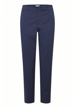 Pantaloni su misura blu navy con una texture liscia, taglio dritto e dettagli di cucitura sottili; nessuna hardware visibile o fantasie.