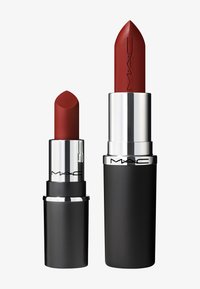 Two MAC lipsticks: one small with a matte red bullet and a black container, the other larger with a glossy red bullet in a silver and black case.