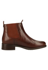 Bottine Chelsea en cuir marron avec panneaux latéraux élastiques, petit talon empilé et languettes à l'avant et à l'arrière.