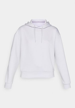 Sudadera blanca de gran tamaño con mangas largas, capucha ajustable y cintura acanalada. Hecha de una tela suave y lisa sin patrones ni acentos.