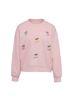 Lys pink sweatshirt med lange ærmer, dekoreret med pastelfarvede kirsebær-applikationer jævnt fordelt på forsiden.
