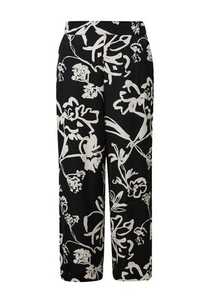 Pantalon noir avec un motif floral blanc, fabriqué en tissu lisse avec une coupe ample et une taille élastique pour le confort.