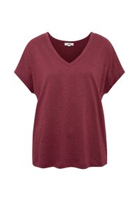 Burgundy v-neck t-shirt with short sleeves, made of soft, textured fabric. Loose fit with rounded hemline. Minimalistic design.