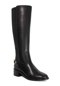 Knee-high black leather boot with a smooth texture, pointed toe, block heel, and a small metal buckle accent on the side.