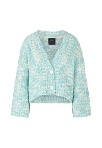 Eine gekürzte Strickjacke aus strukturiertem Garn in Hellblau mit weißen Sprenkeln. Mit einem V-Ausschnitt und zwei weißen Knöpfen an der Vorderseite.
