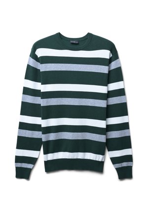 Grün-weißer gestreifter Pullover mit grauen Akzenten. Hat einen runden Ausschnitt und gerippte Bündchen. Weiches Strickmaterial, lässiges Design.