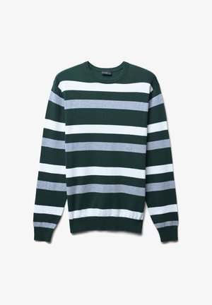 Grün-weißer gestreifter Pullover mit grauen Akzenten. Hat einen runden Ausschnitt und gerippte Bündchen. Weiches Strickmaterial, lässiges Design.