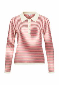 Raudonos ir baltos spalvų dryžuotas ilgomis rankovėmis polo marškinėliai su kreminės spalvos apykakle ir sagomis priekyje. Riboto audinio tekstūra su subtiliais kontrasto elementais.