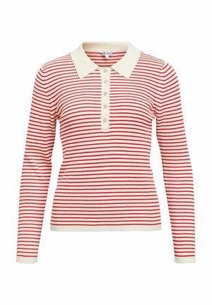 Punavalkoraidallinen pitkähiha polo-paita, jossa on kermaan vivahtava kaulus ja napillinen etuosa. Resoripintainen materiaali, jossa hienovaraiset kontrastiyksityiskohdat.