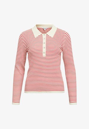 Röd- och vitrandig långärmad pikétröja med krämfärgad krage och knappslå fram. Ribbad textur med subtila kontrastdetaljer.
