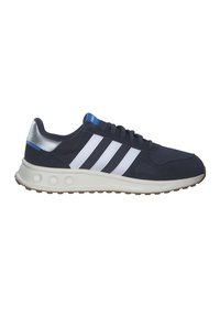 Navy athletic shoes with white stripes, mesh and suede material, a silver heel accent, and a textured rubber sole.