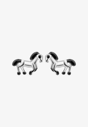 Paire de boucles d'oreilles clou en forme de cheval argentées et noires se faisant face sur fond blanc.