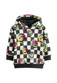 Bluza z kapturem w czarno-białą kratę z kolorowymi uśmiechniętymi buźkami, wykonana z miękkiego materiału, z czarnymi prążkowanymi mankietami i dolnym brzegiem.