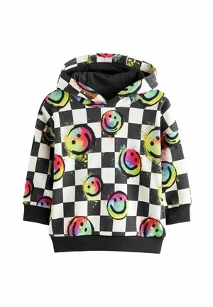 Kapuzenpullover im schwarz-weißen karierten Muster mit bunten Smiley-Gesichtern, aus weichem Stoff gefertigt, mit schwarzen Rippbündchen und Saum.
