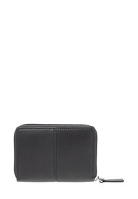 Black leather wallet with a zip closure, featuring a smooth texture, rectangular shape, and two vertical card slots on the front.