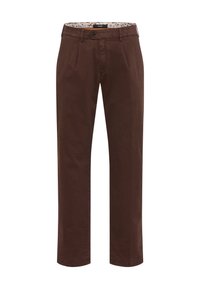 Braune Baumwollhosen mit flachem Bund, seitlichen Taschen und einem gemusterten Innenbund. Gerades Bein, minimale Nähte und saubere Verarbeitung.