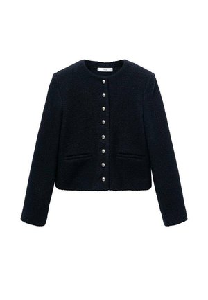 Chaqueta corta negra hecha de tejido texturizado, con un escote redondo, mangas largas y una fila de siete botones decorativos.
