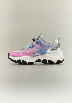 Chunky sneaker with pink and blue gradient panels, white mesh, black sole accents, and "Buffalo" branding on side and heel strap.