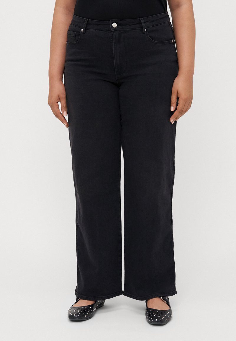 Black wide-leg jeans with a high waist, featuring five pockets, a front button closure, and slight fading for texture.