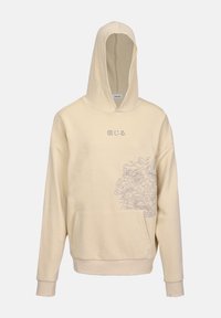Felpa con cappuccio beige dotata di tasca frontale, caratterizzata da una grafica sul lato inferiore e testo giapponese sul petto. Materiale morbido.