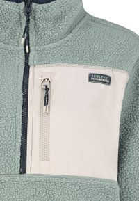 Fleece pullover in zacht lichtgroen met een beige paneel en een ritszak. Bevat een textuurstof, hoge kraag en een merklabel op de zak.