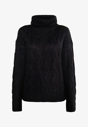 Black sweater featuring a high turtleneck, cable knit texture, long sleeves, and ribbed hem and cuffs for a snug fit.