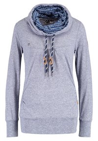 Grauer Langarm-Sweatshirt mit einem Schalkragen, verziert mit einem blauen gemusterten Futter und ausgestattet mit Kordeln mit Holzakzenten.
