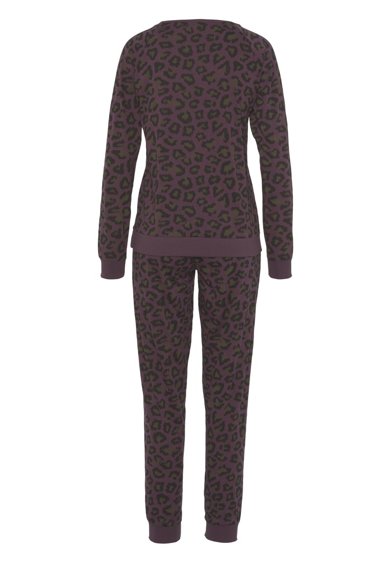 Purple leopard print loungewear set featuring a long-sleeve top and matching pants with ribbed cuffs at the sleeves and ankles.