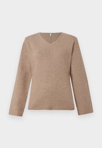 Pulover s V-izrezom u svijetlosmeđem pletenom materijalu, s dugim rukavima i središnjim šavom za opušteni kroj. Glatka tekstura, minimalistički dizajn.