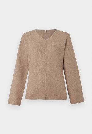 V-neck sweater in light brown knit fabric, featuring long sleeves and a central seam detail for a relaxed fit. Smooth texture, minimalist design.