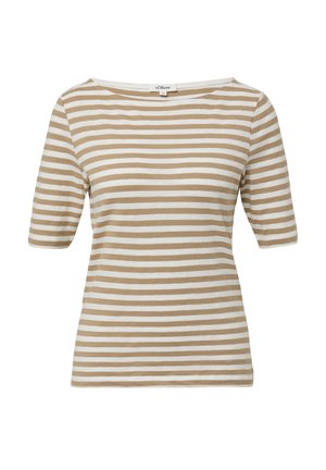 T-shirt rayé en beige et blanc, manches courtes, encolure ronde, tissu doux, rayures horizontales réguli�èrement espacées, design simple.
