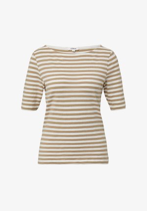 Gestreiftes T-Shirt in Beige und Weiß, mit kurzen Ärmeln, rundem Halsausschnitt, aus weichem Stoff, horizontalen Streifen in gleichmäßigem Abstand, schlichtes Design.