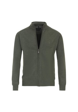 Olivgrüne Zip-Jacke mit langen Ärmeln, gerippten Bündchen und Saum, leicht strukturiertem Stoff, mit Stehkragen und Logo auf der Brust.