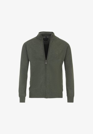 Oliivivihreä vetoketjulla varustettu neulepaita, jossa on pitkät hihat, ribbitut hihansuut ja helma, hieman teksturoitu kangas, pystykaulus ja logo rinnassa.