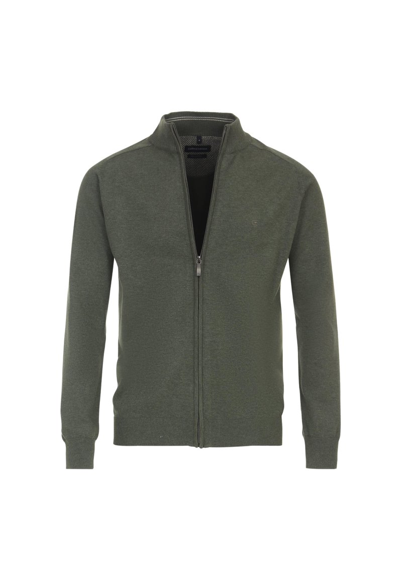 Olivgrön zip-up tröja med långa ärmar, ribbade mudd och nederkant, något texturerad tyg, med en ståkrage och logo på bröstet.