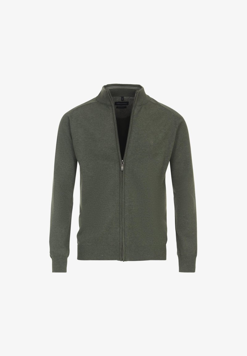 Olivgrön zip-up tröja med långa ärmar, ribbade mudd och nederkant, något texturerad tyg, med en ståkrage och logo på bröstet.