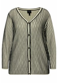Kardigan z dekoltem w serek w kremowym kolorze z czarnymi pionowymi paskami. Posiada zapięcie na guziki zdobione różami oraz długie rękawy. Miękka struktura dzianiny.