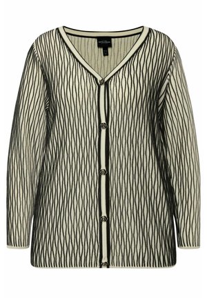 V-Ausschnitt-Cardigan in Creme mit schwarzen senkrechten Streifen. Verfügt über eine Knopfschließe mit Rosé-Akzenten und langen Ärmeln. Weiche Stricktextur.