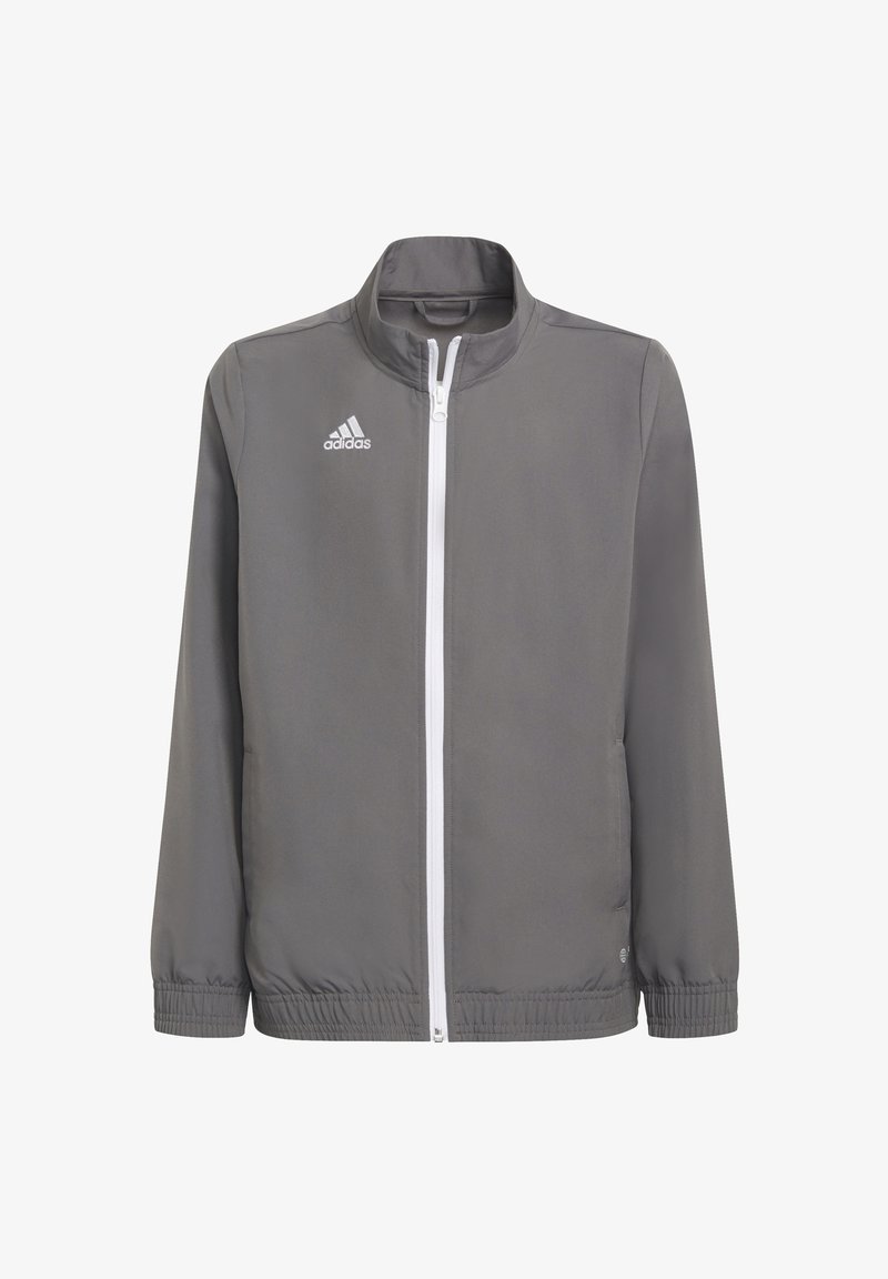 Grijze zip-up jas met witte accenten, met een opstaande kraag, elastische manchetten en zoom. Adidas-logo op de linkerborst. Gladde textuur.