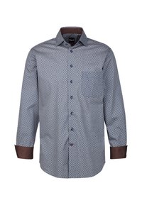 Camicia button-up con un motivo geometrico blu e bianco, polsini marroni a contrasto e taschino sul lato sinistro del petto. Tessuto in cotone, maniche lunghe.