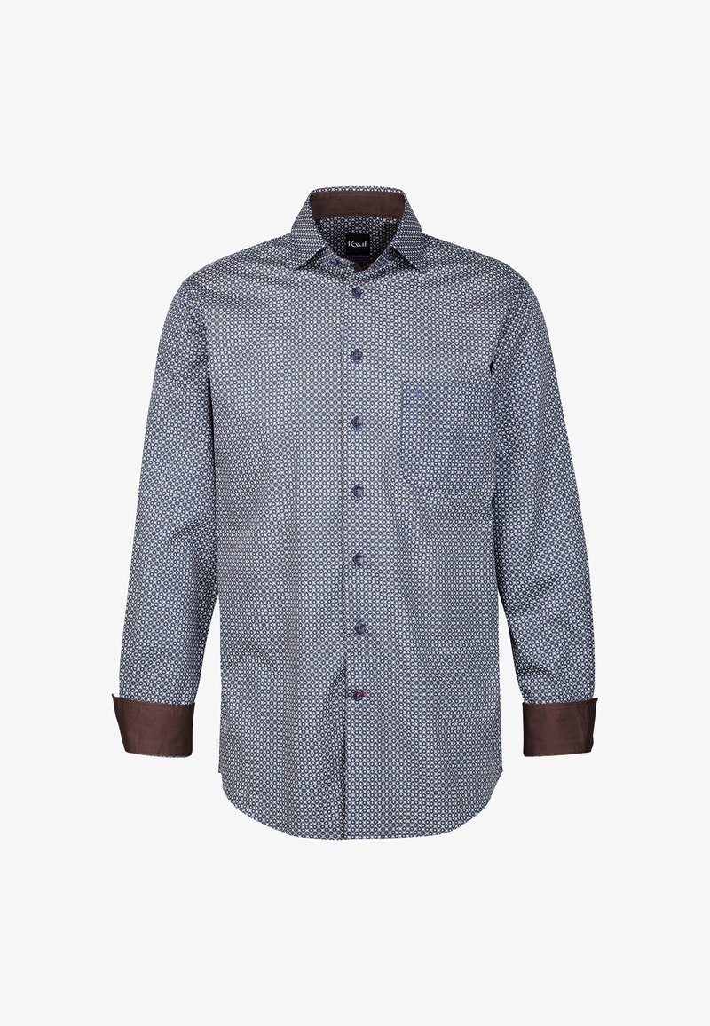 Camicia button-up con un motivo geometrico blu e bianco, polsini marroni a contrasto e taschino sul lato sinistro del petto. Tessuto in cotone, maniche lunghe.