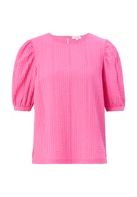 Blouse texturée rose vif avec des manches bouffantes aux coudes et un col rond, dotée d'une fermeture à boutons dans le dos.