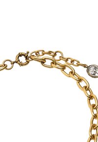 Złoty metalowy naszyjnik z łańcuszka, składający się z owalnych i okrągłych ogniw, z okrągłym zapięciem i dekoracyjnym zawieszeniem przypominającym monetę.