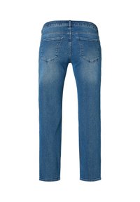 Blå denimjeans med rak benform, med bakfickor och en standard resår. Slät textur med lätta blekningsdetaljer.