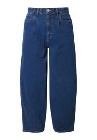Vaqueros de mezclilla en azul oscuro con un diseño de pierna ancha, cintura elástica, dos bolsillos frontales y un cierre de un solo botón.