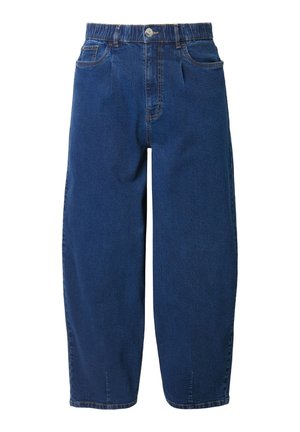 Donkerblauwe denim spijkerbroek met een wijd beenontwerp, elastische tailleband, twee voorkruiken en een enkele knoopsluiting.