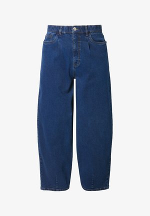 Dżinsy w ciemnoniebieskim kolorze z szerokimi nogawkami, elastycznym pasem, dwiema przednimi kieszeniami oraz jednym zapięciem na guzik.