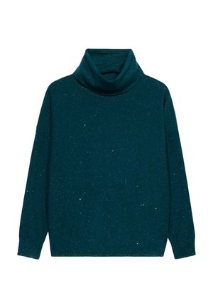 Suéter de cuello alto en color azul verdoso con una textura suave, que presenta un corte holgado y toques de brillo dispersos. Manga larga y puños acanalados.